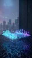 Futuristic holographic chess board with glowing neon pieces in cyberpunk style digital environment with circuit patterns and city skyline background.