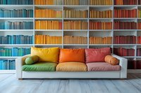 Modern library interior with colorful books arranged by spectrum on shelves and matching rainbow gradient sofa cushions on white couch against wooden floor.