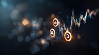 Futuristic financial data visualization with glowing circular indicators and stock market charts on dark background with bokeh effect.