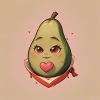 Cute kawaii avocado character with heart shape on green skin and big brown eyes, wearing red ribbon collar against soft beige background. For stickers and prints.