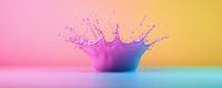 Colorful liquid crown splash frozen in motion against vibrant gradient background combining pink, purple, blue and yellow colors in modern minimalist style.