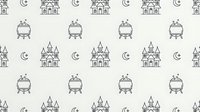 Seamless pattern with medieval castles and cauldrons on beige background. Halloween gothic design for wrapping paper, textile, wallpaper. Tiles perfectly.
