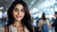 Young Hispanic businesswoman smiling confidently at airport terminal with travelers in background, professional portrait for corporate travel concepts.