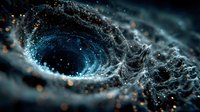 Cosmic swirling vortex with glowing particles and ethereal wisps creating mystical energy portal in deep space with luminous blue center and golden sparkles.
