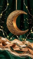 Golden ornate crescent moon ornament with intricate patterns hanging against emerald green background with warm lights and gold ribbons for holiday celebrations.