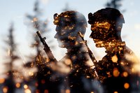 Double exposure silhouettes of military soldiers with rifles merged with dramatic sunset and glowing particles, creating atmospheric war memorial concept.
