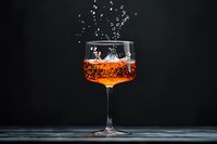 Elegant wine glass with sparkling orange liquid and rising bubbles against dark background, dramatic lighting creates luxurious mood for beverage photography.