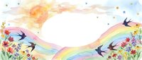 Watercolor rainbow with flying swallows and wildflowers in dreamy pastel sky. Spring nature scene with birds and blooming meadow for greeting cards and decor.
