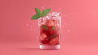 Refreshing strawberry cocktail with mint garnish and ice cubes splashing in glass on pink background for summer beverage advertising and menu design.