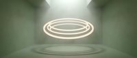 Glowing neon rings suspended in minimalist concrete room with soft light reflections on floor, modern abstract design for tech and futuristic concepts.