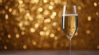 Glass of champagne against golden bokeh background, elegant celebration setting for luxury events, holidays, and special occasions.