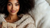 Young African American woman with natural curly hair smiling warmly while relaxing at home in cozy knit sweater, soft natural lighting creates intimate atmosphere.