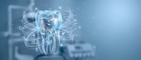 Digital tooth hologram with glowing circuits and data streams for modern dentistry and oral health technology applications in medical presentations.