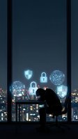 Cybersecurity professional working late at night with holographic security icons including shields and locks floating above modern office workspace.