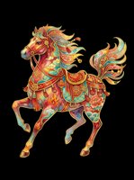 Ornate decorative horse with vibrant red, gold, and turquoise patterns, isolated on transparent background. Ready for t-shirts, stickers, clipart, sublimation, and print-on-demand designs.