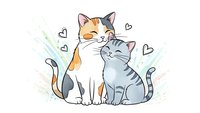 Two adorable cats sitting together with hearts, orange tabby and gray striped feline pair showing affection and love on white background isolated.