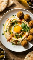 Creamy hummus with golden falafel balls, fresh herbs and olive oil drizzle on white plate. Traditional Middle Eastern appetizer spread with pita bread.