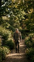 Senior Caucasian man with walking cane strolling through sunlit garden path surrounded by lush green foliage and dappled golden light for wellness concepts.