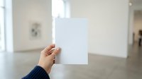 Hand holding blank white card in modern gallery space with natural light and neutral walls, suitable for mockup and branding projects.