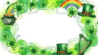 St. Patrick's Day festive frame with shamrocks, leprechaun hat, pot of gold, rainbow and harp on white background for greeting cards and decorations.