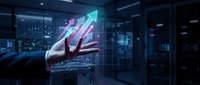 Businessman hand presenting holographic growth arrows in modern data center showcasing digital transformation and business success analytics.