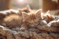 Sleeping ginger kitten curled up on soft fuzzy blanket, peaceful expression with closed eyes, warm lighting creates cozy atmosphere for pet and lifestyle content.