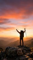 Hiker with backpack and trekking poles standing on rocky mountain peak at sunset, arms raised in celebration, overlooking vast valley landscape with golden sky and distant mountains.