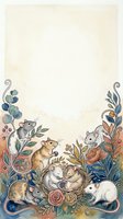 Watercolor mice family border frame with floral elements and leaves on textured paper background for greeting cards and invitations.