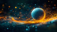 Glowing golf ball with fiery light trail effect against dark background with bokeh lights and magical sparkle particles creating dynamic sports composition.
