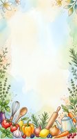 Watercolor cooking border frame with vegetables, herbs, and kitchen utensils on soft pastel background with copy space for text.