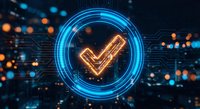 Digital checkmark symbol glowing in blue circular interface with circuit board patterns and bokeh lights for technology and verification concepts.