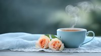 Hot steaming cup of tea with fresh peach roses on white lace doily against blurred background, creating romantic morning atmosphere.