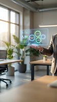Businesswoman holding holographic display with accessibility icons, inclusive hiring symbols, and interconnected gears representing diversity and employment opportunities in modern office.