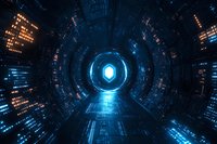 Glowing blue hexagon portal in futuristic cyber tunnel with digital data streams and orange light effects, abstract technology background for sci-fi concepts.