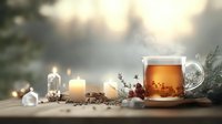 Glass cup of hot tea with winter decorations, burning candles, pine branches and red berries on blurred bokeh background creates cozy holiday atmosphere.