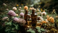 Amber glass essential oil bottles with dropper caps nestled among wild clover flowers and herbs in natural outdoor setting for aromatherapy wellness.