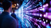 Businessman analyzing digital data visualization with colorful streaming lights and code patterns in modern technology environment for business analytics.