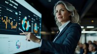 Mature blonde businesswoman in suit analyzing financial data on large interactive screen with charts and graphs during corporate presentation.
