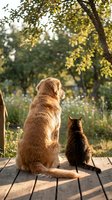 Golden retriever dog and tabby cat sitting together on wooden deck in peaceful garden setting with warm sunlight filtering through trees during golden hour.