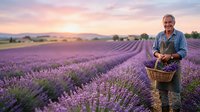 Senior male farmer harvesting lavender in expansive purple field at sunset, holding wicker basket of fresh blooms for agricultural, farming, and rural lifestyle content.