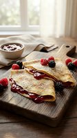 Homemade crepes filled with berry jam served on wooden cutting board with fresh raspberries and blackberries in bright kitchen setting for breakfast menu.