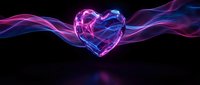Abstract neon heart shape formed by flowing pink and blue energy waves on black background for romantic designs and Valentine's Day projects.
