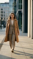 Professional woman with long brown hair, Caucasian ethnicity, wearing tailored camel coat, brown blazer and cream trousers walking through modern urban business district with glass buildings.