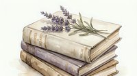 Stack of vintage books with dried lavender and rosemary herbs on top creating rustic botanical still life composition for home decor and literary themes.