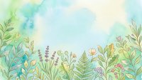 Watercolor botanical border with green leaves, ferns, lavender, and wildflowers on a soft teal and cream background for cards or prints.