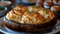 Large portobello mushroom cap stuffed with creamy seafood mixture topped with melted cheese and fresh herbs, served on white plate with garnish in restaurant setting.