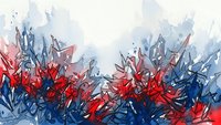 Abstract watercolor background with red and blue paint splashes creating dynamic floral-like shapes on white canvas for artistic design projects.