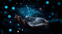 Mystical glowing blue particles floating above an outstretched hand against dark background with bokeh lights, creating magical atmosphere for spiritual concepts.