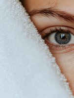 Close-up of bright blue eye with long eyelashes partially covered by white fabric or snow, creating mysterious and artistic composition with soft natural lighting.