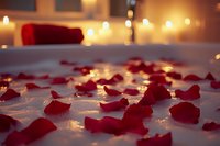 Romantic bath with scattered red rose petals floating on water surface, illuminated by glowing candlelight creating intimate atmosphere for spa or Valentine's day.